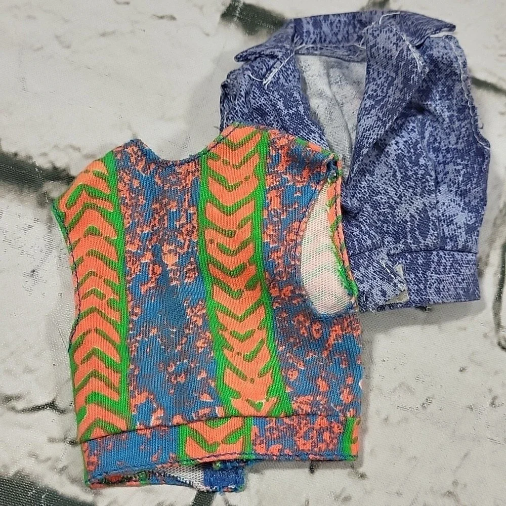 Vintage 80s 90s‎ Ken Doll Boy Clothes Lot Of 2 Tops Denim Vest Orange Wild Print